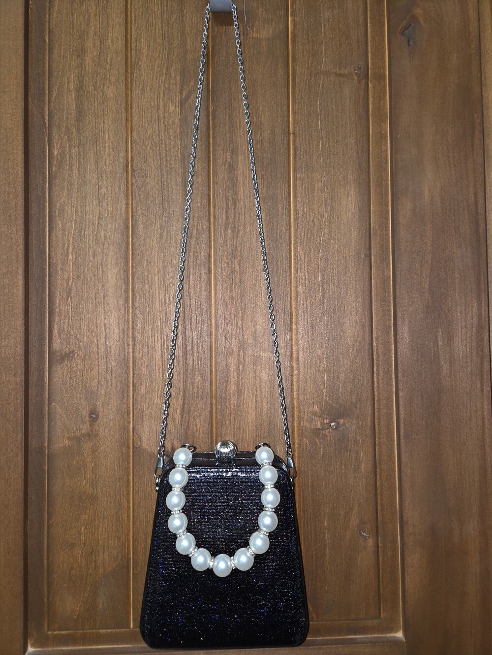 Nina Black Glitter Mini Hard Sided Bag with Pearl Handle And Two Long Straps